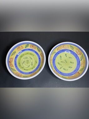 2 Caleca Fruits Soup Pasta Bowls Set Vintage Hand painted Stoneware Italy